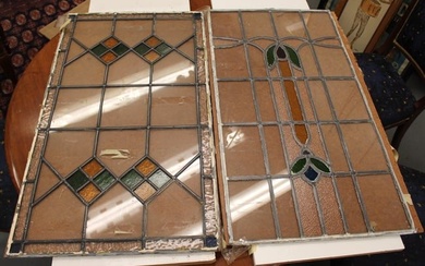 Set of 6 Vintage Church Arts & Crafts Tulip and Geometric Pattern Stained Glass Panels