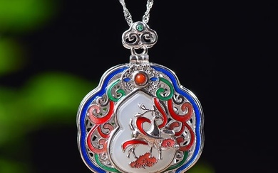 Silver inlaid Hetian jade pendant