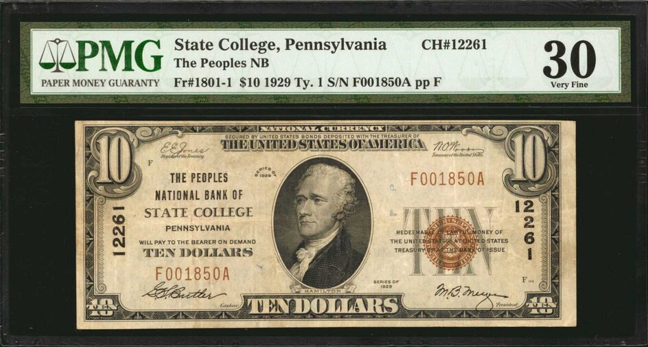State College, Pennsylvania. $10 1929 Ty. 1. Fr. 1801-1. The Peoples NB. Charter #12261. PMG Very Fine 30.