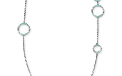 Sterling Silver Rhodium-plated Aqua Enameled Necklace - 35 in.