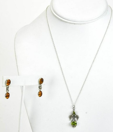 Sterling Silver & Peridot Necklace w Amber Earring