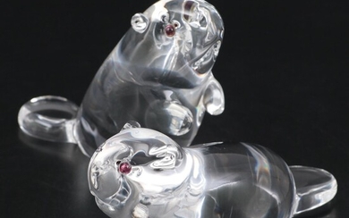 Steuben Art Glass "Beaver with Garnet Eyes" Figurines Designed by Lloyd Atkins