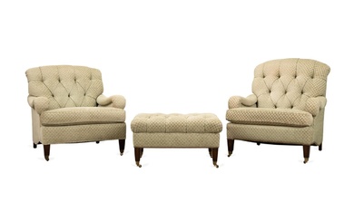 TWO EDWARD FERRELL CLUB CHAIRS AND OTTOMAN