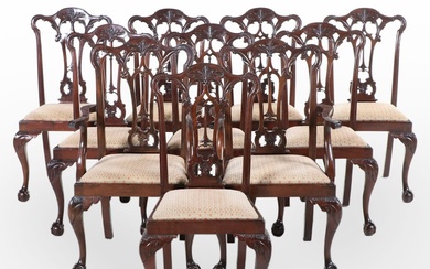 Ten Chippendale Style Carved Mahogany and Custom-Upholstered Dining Chairs