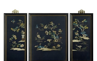 Three Chinese dark blue-ground 'floral and bird' embroideries, 19th century