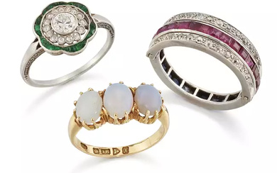 Three diamond and gem set rings, comprising: an Art Deco platinum diamond and emerald target...
