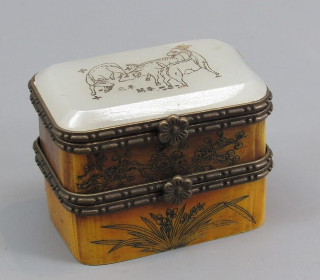Tibetan\Chinese Tobacco Sniffing\Smelling Double Box Made of Bone and Jade