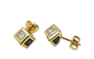 Tiffany & Co. Sapphire & Diamond Cube Stud Earrings 18K Yellow Gold 0.56 Ctw
