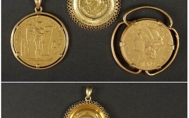 Trois bijoux: un pendentif en or jaune 18 carats serti d'une pièce de 20 dollars...