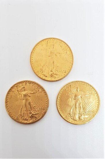 Trois pièces de 20 Dollars Or : 1908 (CA)... - Lot 0 - Euvrard & Fabre
