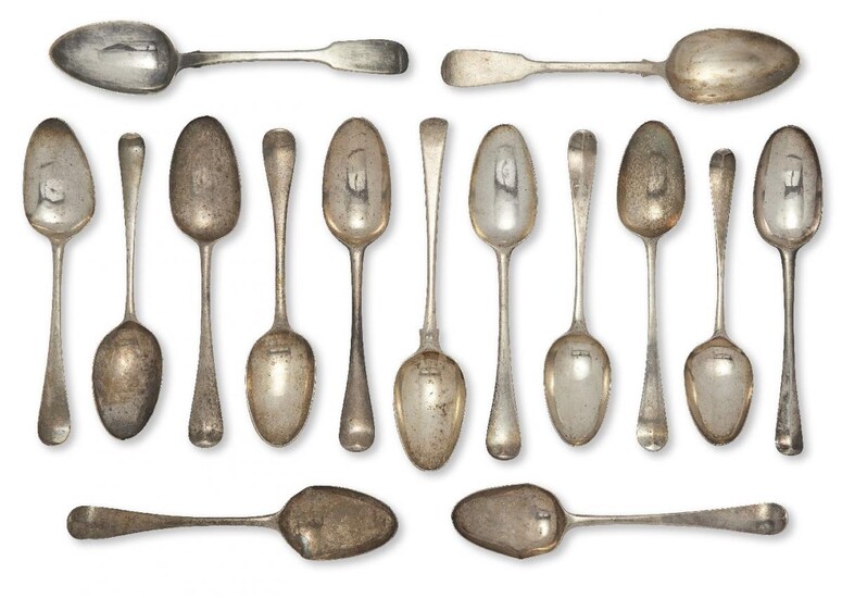 Twelve monogrammed Georgian silver spoons, of Hanoverian pattern design, makers including Thomas England, George Smith, c.1774 and Jeremiah King, c.1745, together with three plain fiddle pattern Georgian silver spoons including one London, c.1823...