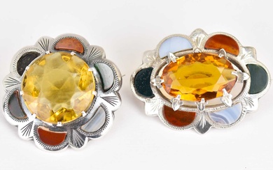Two 19th century style silver and polished agate Scottish brooches,...