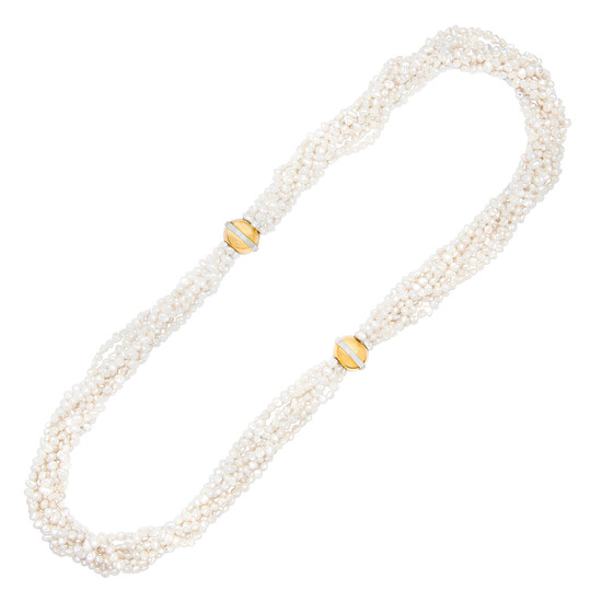 Two Cultured Pearl and Two-Tone Gold Torsade Choker Necklaces, Cavelti, circa 1990