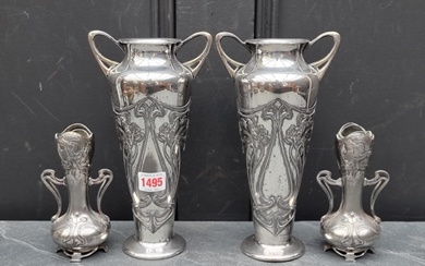 Two pairs of WMF Art Nouveau electroplated vases, largest 25...