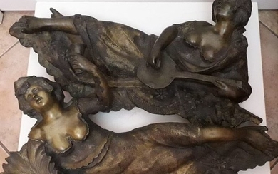 Two sculptures of reclining female figures - most likely part of Chenets (2)
