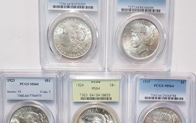 USA - Dollars (Peace) 1921 + 1922 + 1923 + 1924 + 1925 (5 pieces) in PCGS Slabs- Silver