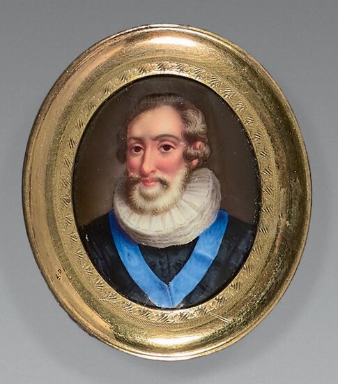 A small oval miniature on enamelled copper: Portrait of King Henry IV carrying in saltire the cross of the Holy Spirit; gilt brass guilloché frame; height 32 mm; period late 18th, early 19th century; good condition and an oval miniature on ivory:...