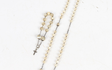 VINTAGE SILVER MOTHER OF PEARL ROSARY SET.