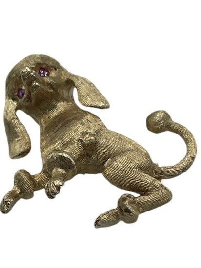VTG 14K YELLOW GOLD POODLE BROOCH W/ RUBY EYES