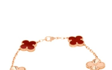 Van Cleef & Arpels 18K Rose Gold Carnelian 5 Motifs Guilloche Vintage Alhambra Bracelet