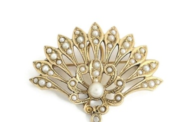 Vintage 1930's Seed Pearl Fan Brooch Pin Pendant 14K Yellow Gold, 7.19 Grams