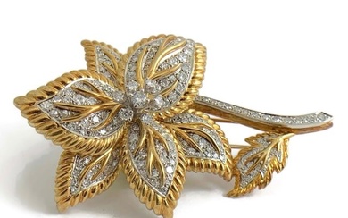 Vintage Diamond Two-Tone Flower Brooch Pin 18K Yellow Gold, 3.50 CTW, 35.2 Grams
