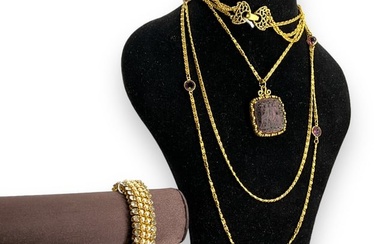 Vintage Gold-Tone Intaglio Necklace and Rhinestone Bracelet
