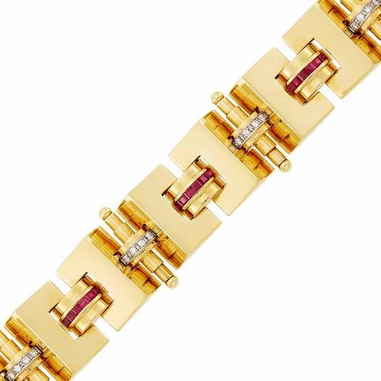 Wide Two-Color Gold, Ruby and Diamond Bracelet