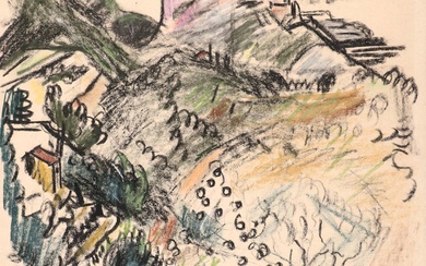 Wiegers, Jan (1893-1959). (Mediterranean hilly landscape). Drawing, col. crayon, 50,5x36,5...