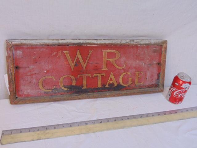 Wood painted sign, "WR Cottage", red with gold