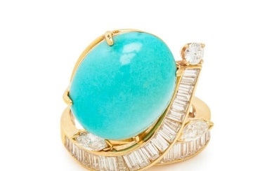 YELLOW GOLD, TURQUOISE, AND DIAMOND BYPASS COCKTAIL RING