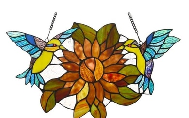 Yellow Birds Sunflower Stained Glass Hanging Panel