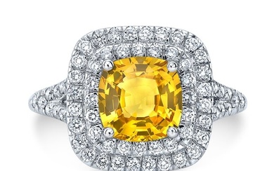 Yellow Sapphire Cushion And Diamond Ring 18k White Gold