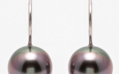 no reserve - 18 kt. White Gold - 9x10mm Round Peacock Tahitian Pearls - Earrings