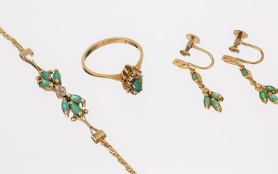 14 kt gold emerald-diamond-jewelry set , YG 585/000, comprised of:...