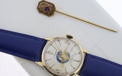 14ct La Marque Incabloc Manual Wind watch w/pin, Approx 29mm 14ct gold case. Circular cream dial