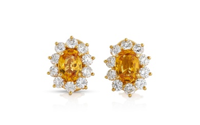 18K Gold, Yellowish/Orange Sapphire, and Diamond Earclips