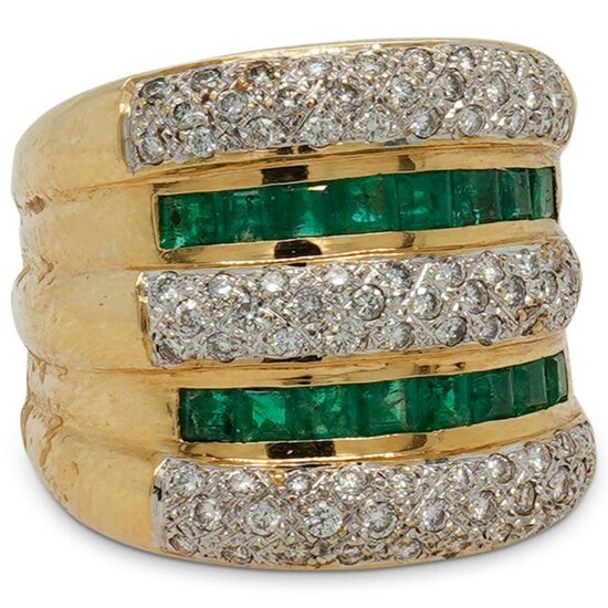18K Wide Band Diamond & Emerald Ring