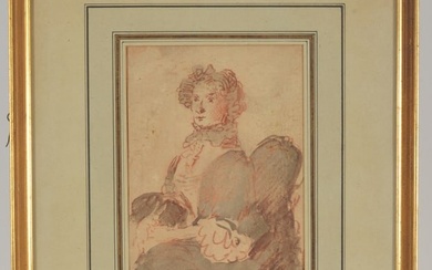 18th century old master drawing of a seated woman. Framed. Light mold on underside of glass appears