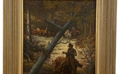 1981 Into the woods Cowboy and Horses Oil Painting on Canvas