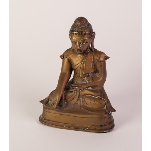 19th CENTURY THAI BRASS BUDDHA seated in the Calling the Ear...