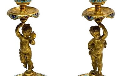 19th Century Pair French Champleve Enamel Bronze Candlesticks