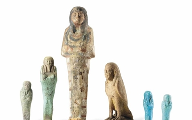 A GROUP OF FIVE EGYPTIAN SHABTIS AND A BA-BIRD, CIRCA 2ND-1ST MILLENNIUM B.C.