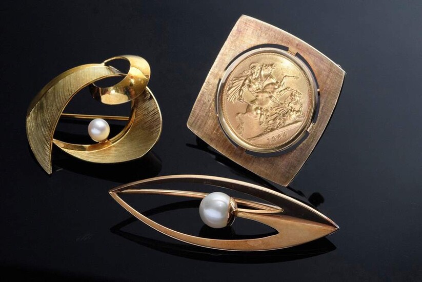 3 Various pieces of YG/RG 585 Midcentury jewellery: pin with cultured pearl (l. 3cm), square GG 916 coin pin "England, Sovereign, 1 Pound" (Ø 22mm) and cultured pearl pendant (l. 4,6cm), total 25g