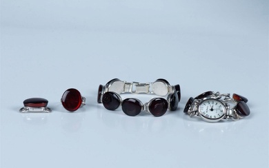 3pc Sterling Silver & Amber Bracelet, Ring & Watch