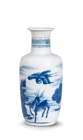 A blue and white 'deer and crane' rouleau vase