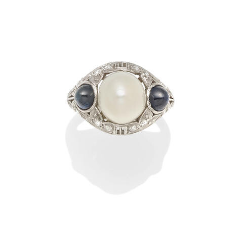 A freshwater pearl, sapphire and diamond ring