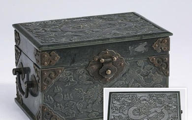 Chinese carved spinach jade dragon box, 7"w
