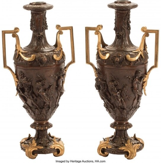 61096: A Pair of French Gilt and Patinated Bronze Urns