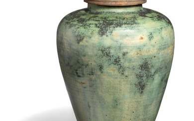 Arne Bang: Early stoneware vase decorated with turquoise green glaze with brownish black elements. Signed monogram 1930, 103. H. 37.5 cm.